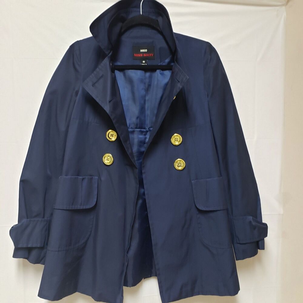 Miss Sixty Women’s Navy Blue Double Breasted Big Button Preppy Peacoat Sz S NWOT